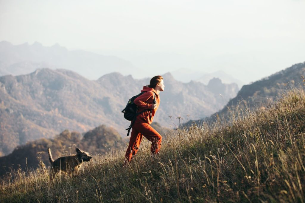 A man with his dog hiking up the side of a hill