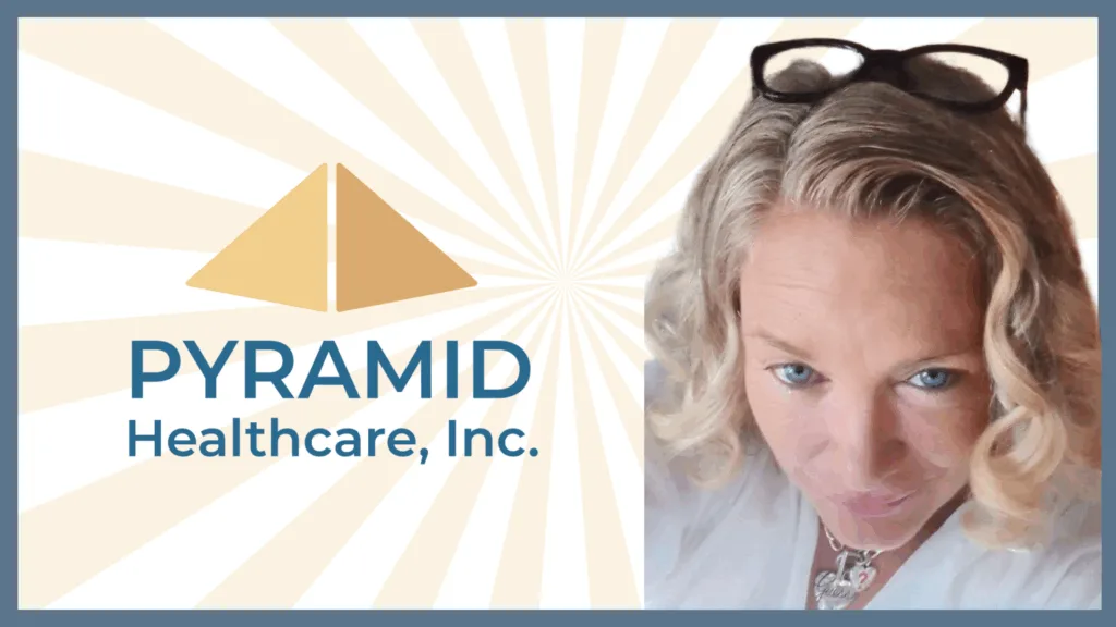 Dina Shelly smiling beside the Pyramid Healthcare logo, representing her recovery journey and role as a Certified Recovery Specialist.