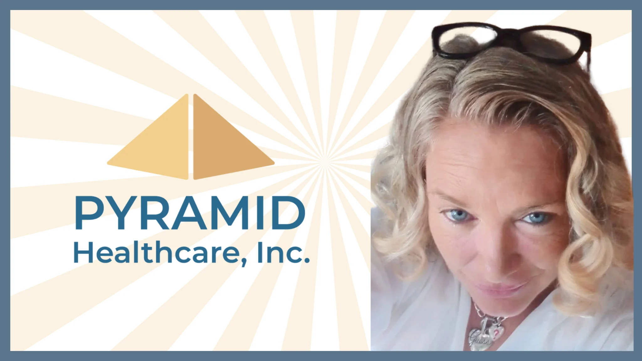 Dina Shelly smiling beside the Pyramid Healthcare logo, representing her recovery journey and role as a Certified Recovery Specialist.