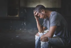 Drugs addiction and withdrawal symptoms concept. Depressed and hopeless man sitting alone after using drugs and drunk alcohol at abandoned house. International Day against Drug Abuse.