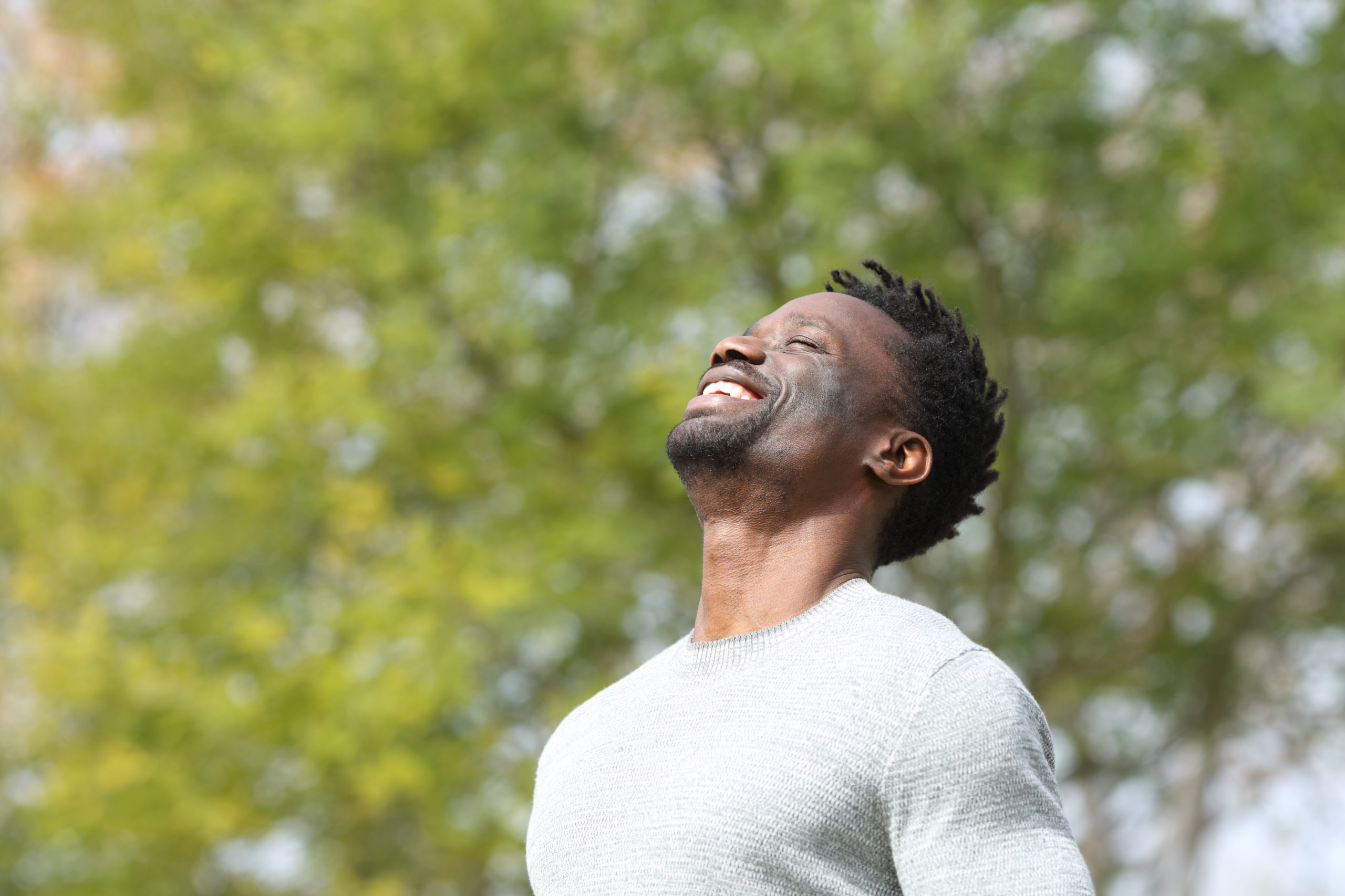 Happy black man breathing deeply fresh air in a park with a green tree in the background a sunny day