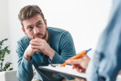 Man with psychologist drug addiction problems concept sitting on sofa looking at doctor taking notes close-up