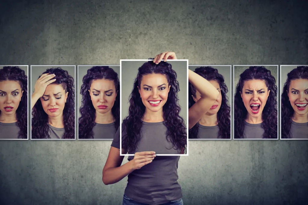 Masked young woman expressing different emotions