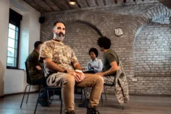 Portrait of male veteran in PTSD support group looking at camera.